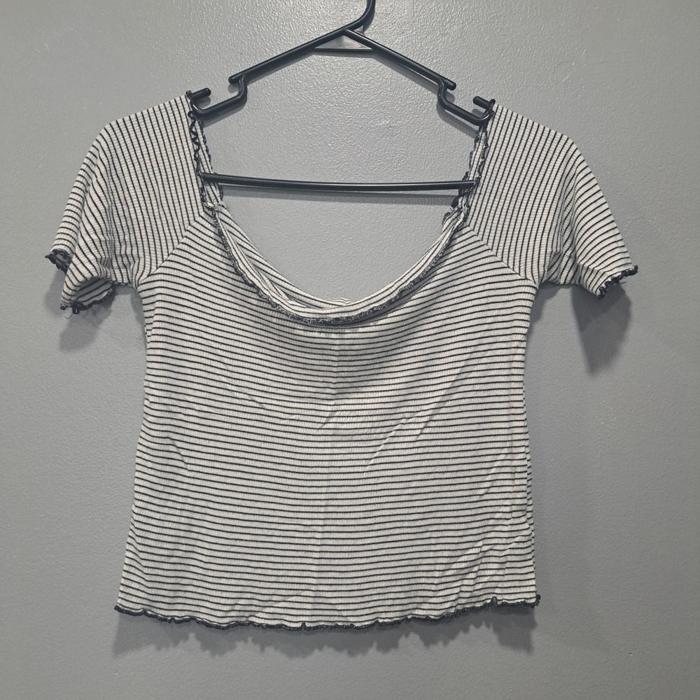 Caution‎ To The Wind Womens Ribbed Striped Lettuce Edge Scoop Neck Top Medium